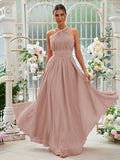 A-Linie/Princess-Linie Chiffon Rüschen Neckholder Ärmellos Bodenlang Brautjungfernkleider Abendkleid