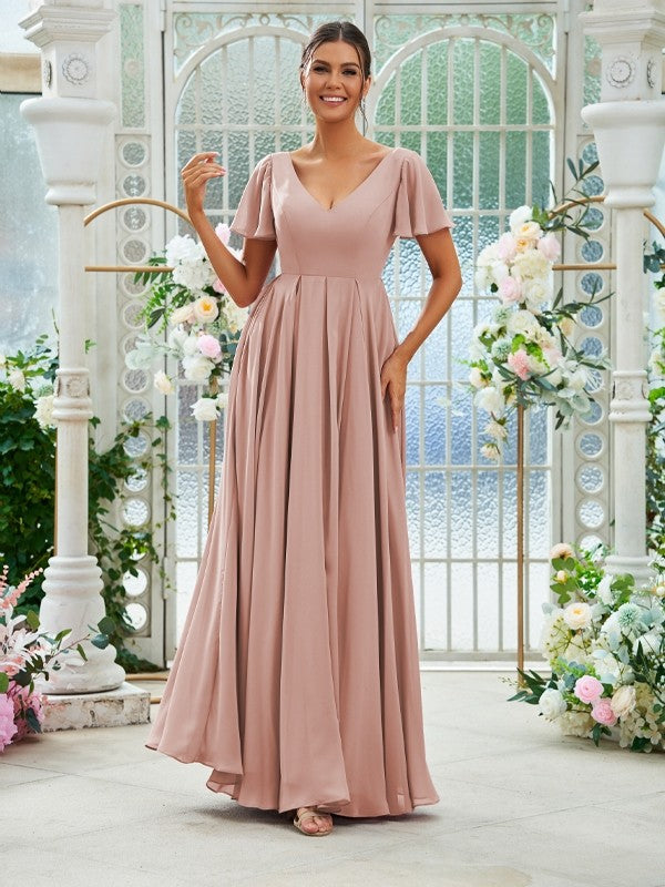 A-Line/Princess Chiffon Ruffles V-neck Short Sleeves Floor-Length Bridesmaid Dresses Evening Prom Dress