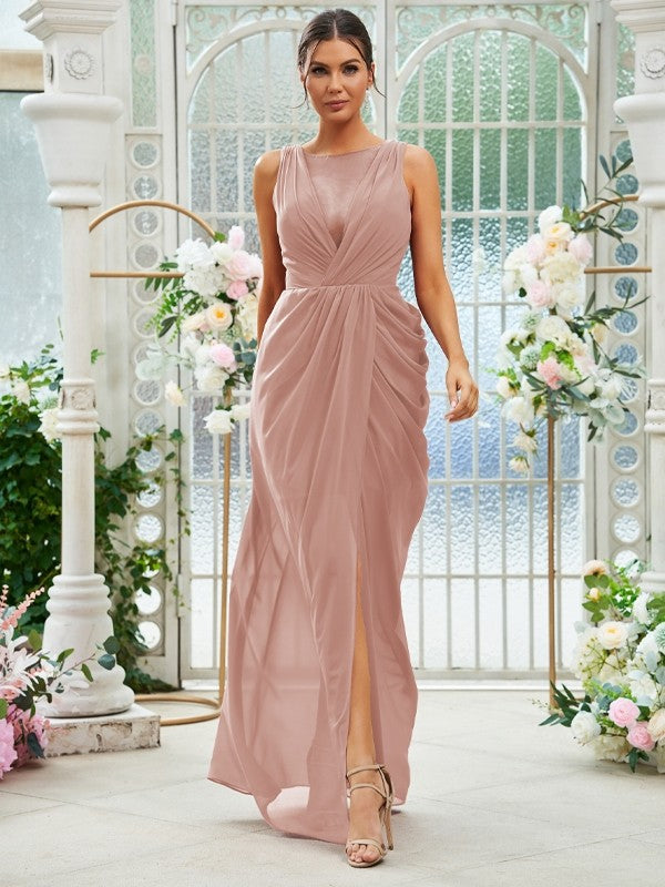 Sheath/Column Chiffon Ruched Scoop Sleeveless Floor-Length Bridesmaid Dresses Evening Dress