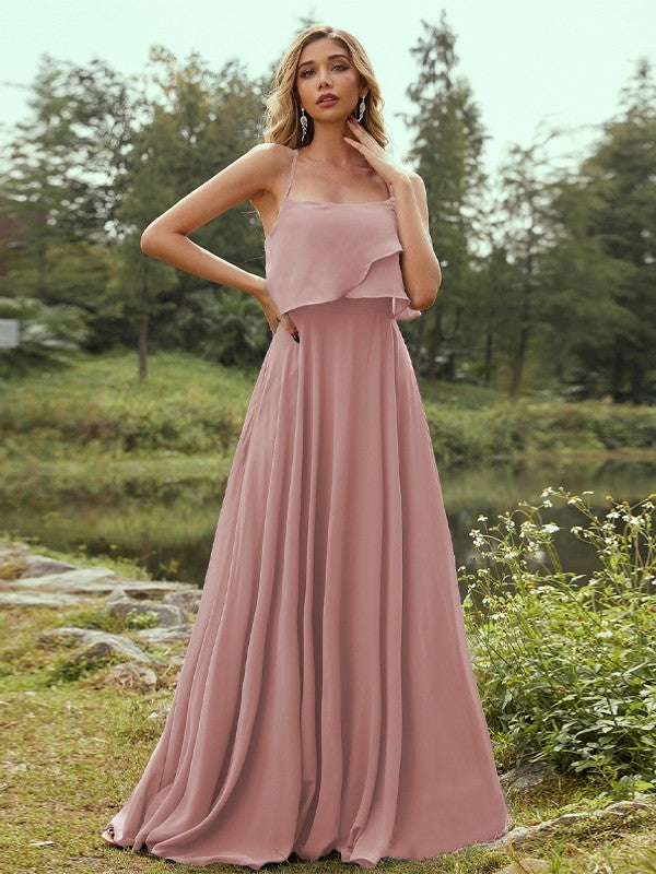 A-Line/Princess Chiffon Ruffles Spaghetti Straps Sleeveless Floor-Length Bridesmaid Dresses Evening Prom Dress
