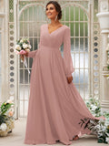 A-Line/Princess Chiffon Ruched V-neck Long Sleeves Floor-Length Bridesmaid Dresses Mother of the Bride Dress