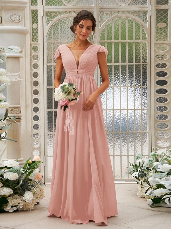 A-Line/Princess Chiffon Ruffles V-neck Sleeveless Sweep/Brush Train Bridesmaid Dresses Evening Dress