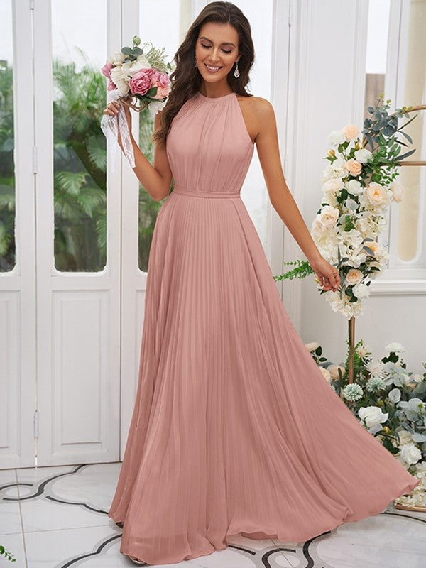 A-Line/Princess Chiffon Ruffles Halter Sleeveless Floor-Length Bridesmaid Dresses Evening Dress