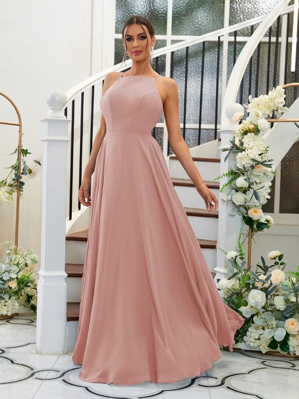 A-Linie/Princess-Linie Chiffon Rüschen Neckholder Ärmellos Bodenlang Brautjungfernkleider Abendkleid