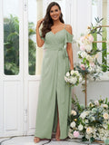 A-Line/Princess Chiffon Ruched V-neck Short Sleeves Floor-Length Bridesmaid Dresses Evening Dress