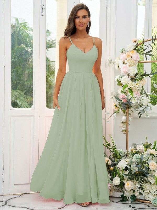 A-Line/Princess Chiffon Ruffles V-neck Sleeveless Floor-Length Bridesmaid Dresses Evening Dress