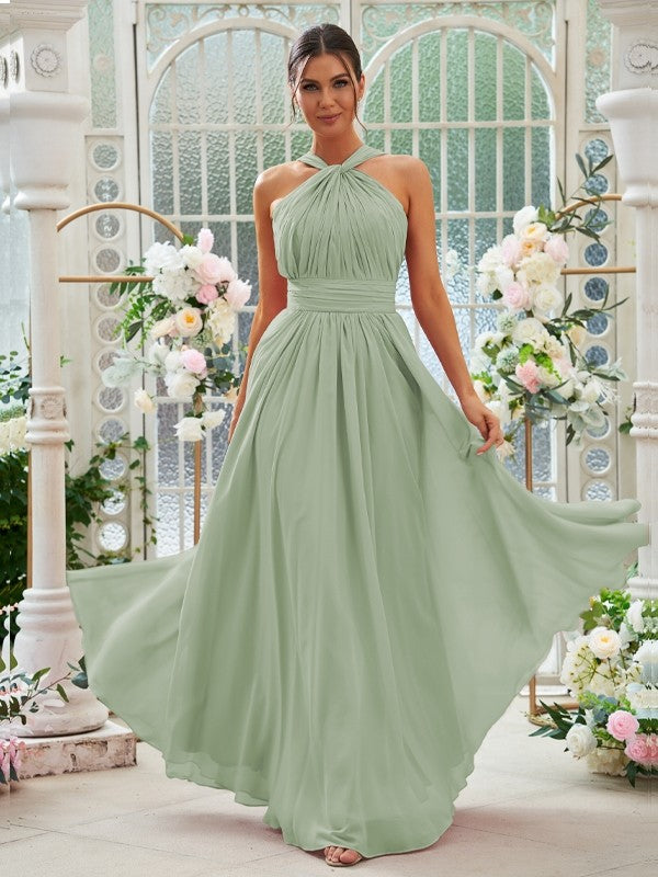 A-Linie/Princess-Linie Chiffon Rüschen Neckholder Ärmellos Bodenlang Brautjungfernkleider Abendkleid