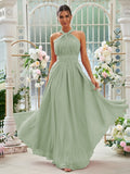 A-Linie/Princess-Linie Chiffon Rüschen Neckholder Ärmellos Bodenlang Brautjungfernkleider Abendkleid