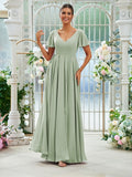 A-Line/Princess Chiffon Ruffles V-neck Short Sleeves Floor-Length Bridesmaid Dresses Evening Prom Dress