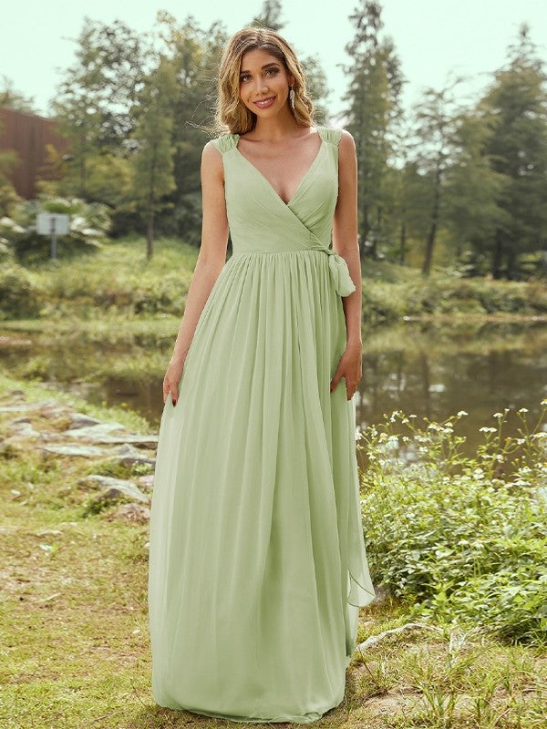 A-Line/Princess Chiffon Ruffles V-neck Sleeveless Floor-Length Bridesmaid Dresses Evening Prom Dress