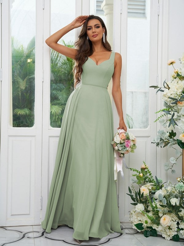 A-Line/Princess Chiffon Ruffles V-neck Sleeveless Floor-Length Bridesmaid Dresses Evening Dress