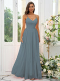 A-Line/Princess Chiffon Ruffles V-neck Sleeveless Floor-Length Bridesmaid Dresses Evening Dress