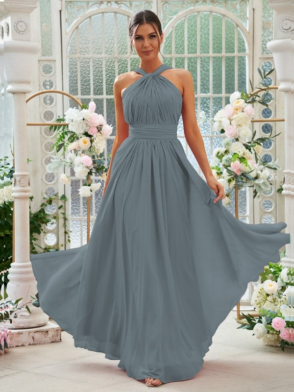 A-Linie/Princess-Linie Chiffon Rüschen Neckholder Ärmellos Bodenlang Brautjungfernkleider Abendkleid