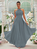 A-Linie/Princess-Linie Chiffon Rüschen Neckholder Ärmellos Bodenlang Brautjungfernkleider Abendkleid