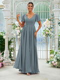 A-Line/Princess Chiffon Ruffles V-neck Short Sleeves Floor-Length Bridesmaid Dresses Evening Prom Dress