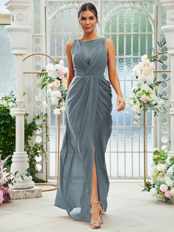 Sheath/Column Chiffon Ruched Scoop Sleeveless Floor-Length Bridesmaid Dresses Evening Dress