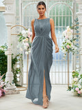 Sheath/Column Chiffon Ruched Scoop Sleeveless Floor-Length Bridesmaid Dresses Evening Dress