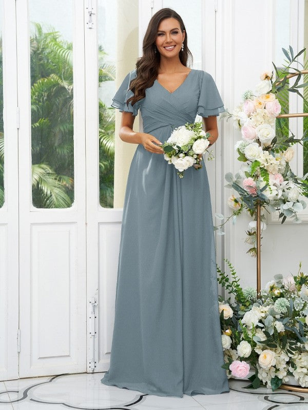 A-Line/Princess Chiffon Ruffles V-neck Short Sleeves Floor-Length Bridesmaid Dresses Evening Dress