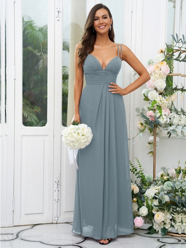 A-Line/Princess Chiffon Ruched V-neck Sleeveless Floor-Length Bridesmaid Dresses Evening Prom Dress