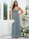 A-Line/Princess Chiffon Ruched V-neck Sleeveless Floor-Length Bridesmaid Dresses Evening Prom Dress