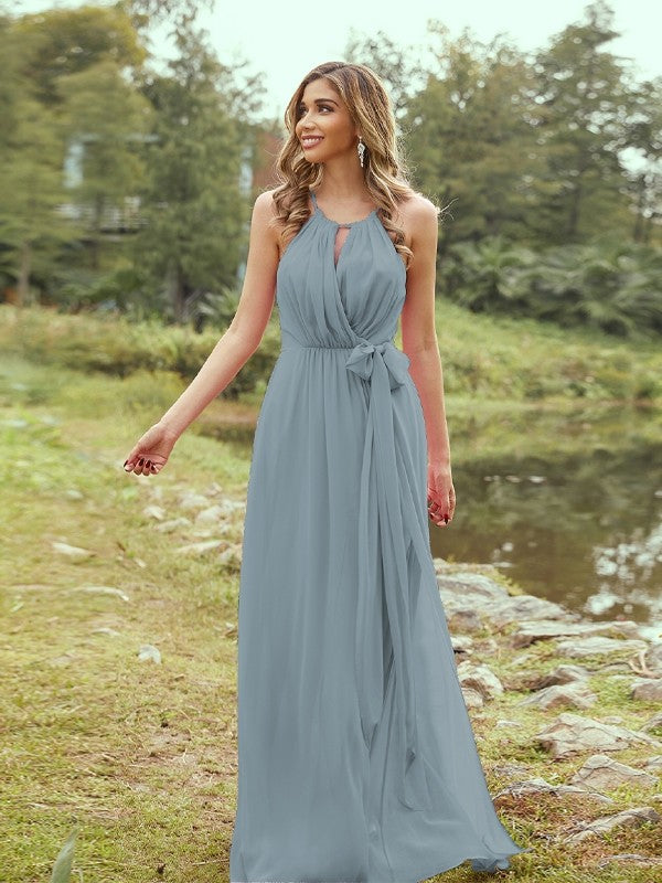 A-Line/Princess Chiffon Ruffles Halter Sleeveless Sweep/Brush Train Bridesmaid Dresses	Evening Prom Dress