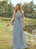 A-Line/Princess Chiffon Ruffles Halter Sleeveless Sweep/Brush Train Bridesmaid Dresses	Evening Prom Dress