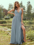 A-Line/Princess Chiffon Ruffles V-neck Sleeveless Floor-Length Bridesmaid Dresses Evening Prom Dress