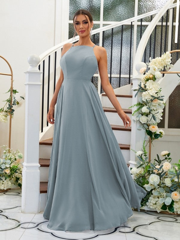 A-Linie/Princess-Linie Chiffon Rüschen Neckholder Ärmellos Bodenlang Brautjungfernkleider Abendkleid