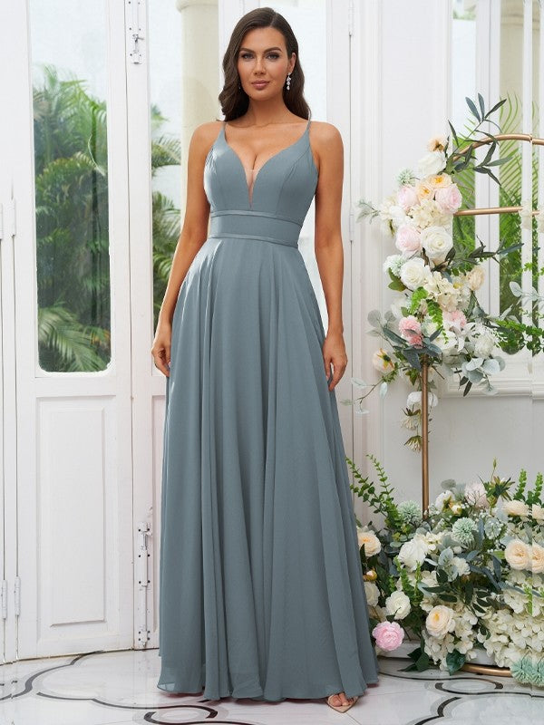 A-Line/Princess Chiffon Ruffles V-neck Sleeveless Floor-Length Bridesmaid Dresses Evening Prom Dress
