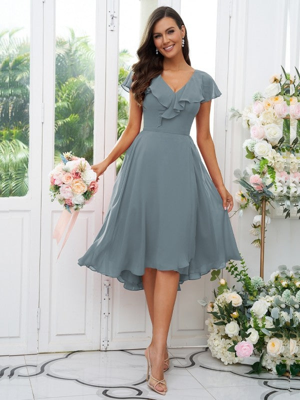 Vestido de dama de honor asimétrico de corte A/princesa, de gasa, con volantes, escote en V y mangas cortas, ideal para invitadas de boda y graduación.