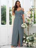 A-Line/Princess Chiffon Ruched V-neck Short Sleeves Floor-Length Bridesmaid Dresses Evening Dress