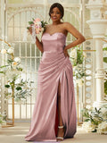 Sheath/Column Silk like Satin Ruched Sweetheart Sleeveless Sweep/Brush Train Bridesmaid Dresses Evening Dress