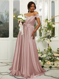 A-Line/Princess Silk like Satin Ruffles Off-the-Shoulder Sleeveless Sweep/Brush Train Bridesmaid Dresses Evening Dress