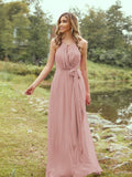 A-Line/Princess Chiffon Ruffles Halter Sleeveless Sweep/Brush Train Bridesmaid Dresses	Evening Prom Dress