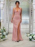 Sheath/Column Silk like Satin Ruched V-neck Sleeveless Sweep/Brush Train Bridesmaid Dresses Evening Dress