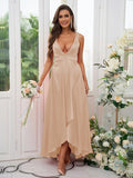 A-Line/Princess Silk like Satin Ruffles V-neck Sleeveless Ankle-Length Bridesmaid Dresses Prom Dress