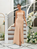 A-Line/Princess Silk like Satin Ruffles Spaghetti Straps Sleeveless Floor-Length Bridesmaid Dresses Evening Dress