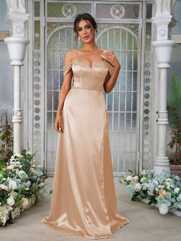 A-Line/Princess Silk like Satin Ruched Sweetheart Sleeveless Sweep/Brush Train Bridesmaid Dresses Evening Dress