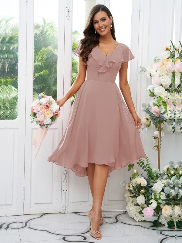 Vestido de dama de honor asimétrico de corte A/princesa, de gasa, con volantes, escote en V y mangas cortas, ideal para invitadas de boda y graduación.