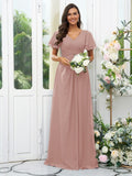 A-Line/Princess Chiffon Ruffles V-neck Short Sleeves Floor-Length Bridesmaid Dresses Evening Dress