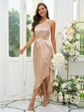 A-Line/Princess Silk like Satin Ruched One-Shoulder Sleeveless Tea-Length Bridesmaid Dresses Evening Prom Dress