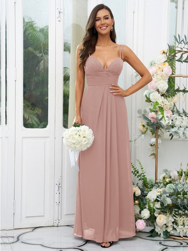 A-Line/Princess Chiffon Ruched V-neck Sleeveless Floor-Length Bridesmaid Dresses Evening Prom Dress