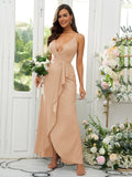 A-Line/Princess Silk like Satin Ruffles V-neck Sleeveless Floor-Length Bridesmaid Dresses Prom Dress