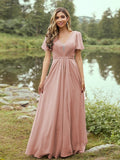 A-Line/Princess Chiffon Ruffles V-neck Short Sleeves Floor-Length Bridesmaid Dresses Evening Prom Dress