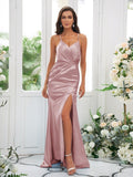 Sheath/Column Silk like Satin Ruched Spaghetti Straps Sleeveless Sweep/Brush Train Bridesmaid Dresses Evening Dress