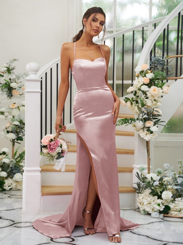 Sheath/Column Silk like Satin Ruched Square Sleeveless Sweep/Brush Train Bridesmaid Dresses Evening Dress