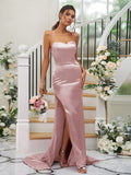 Sheath/Column Silk like Satin Ruched Square Sleeveless Sweep/Brush Train Bridesmaid Dresses Evening Dress
