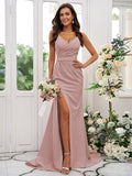 Sheath/Column Stretch Crepe Ruched V-neck Sleeveless Sweep/Brush Train Bridesmaid Dresses Evening Dress