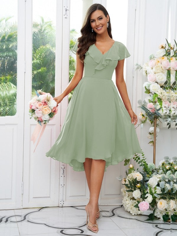 Vestido de dama de honor asimétrico de corte A/princesa, de gasa, con volantes, escote en V y mangas cortas, ideal para invitadas de boda y graduación.