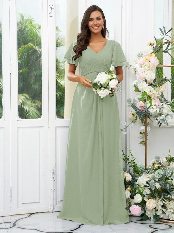 A-Line/Princess Chiffon Ruffles V-neck Short Sleeves Floor-Length Bridesmaid Dresses Evening Dress